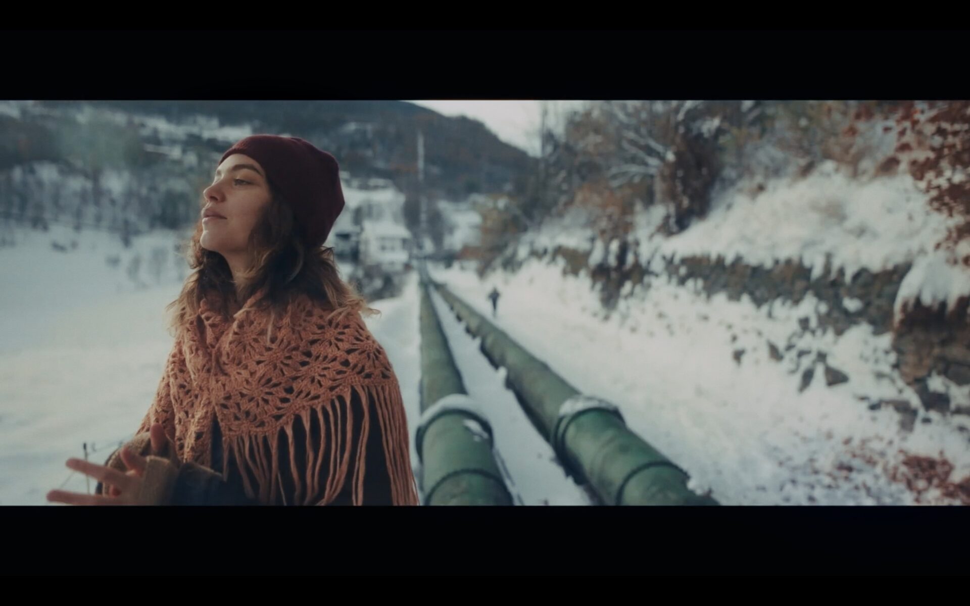 Woman beside a railing in a snowy landscape